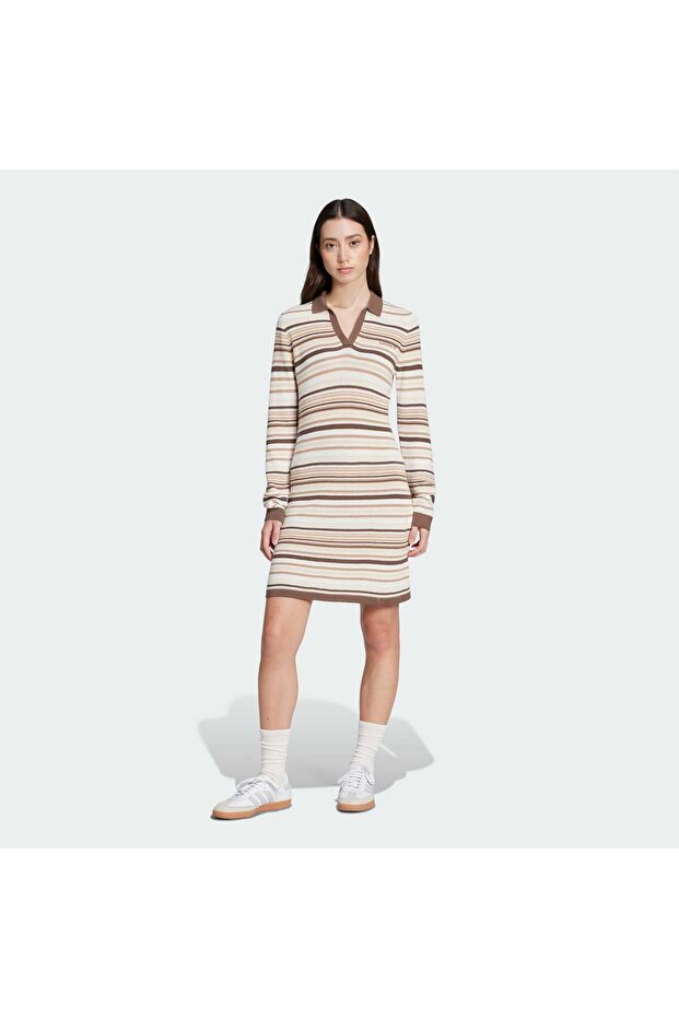 Striped Knitted Polo Elbise - 1