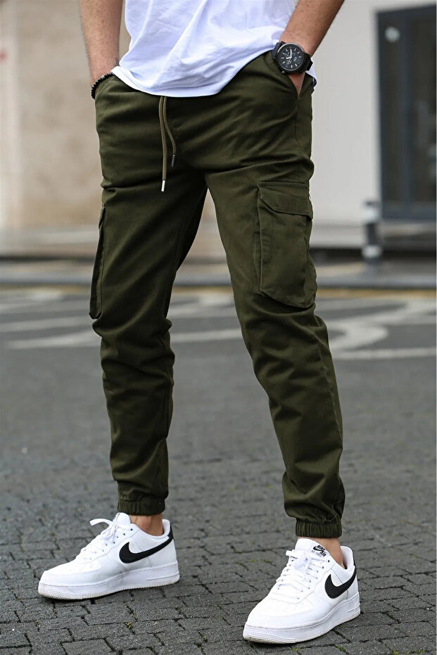 Men's Khaki Jogger Cotton Cargo Pants Adjustable Waist Elasticated Cuffs Comfort