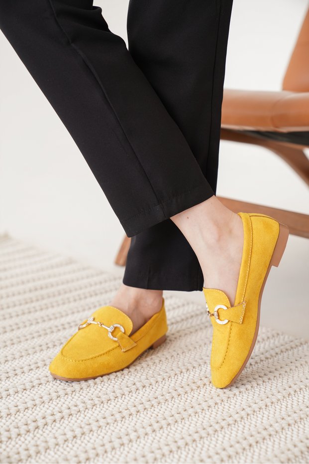 Women's Mustard Yellow Daily Comfortable Stylish Detailed Oxford Masculine Soft Leather Loafer Ballet Shoes