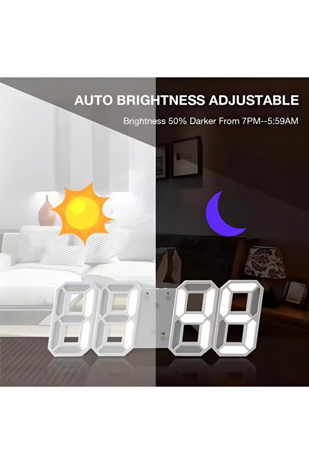 ساعة حائط رقمية LED مع جهاز تحكم عن بعد، بيضاء، 42×15 سم - 5