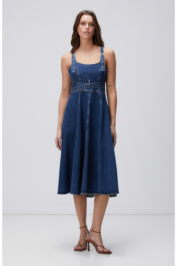 İndigo Midi Denim Elbise - 5