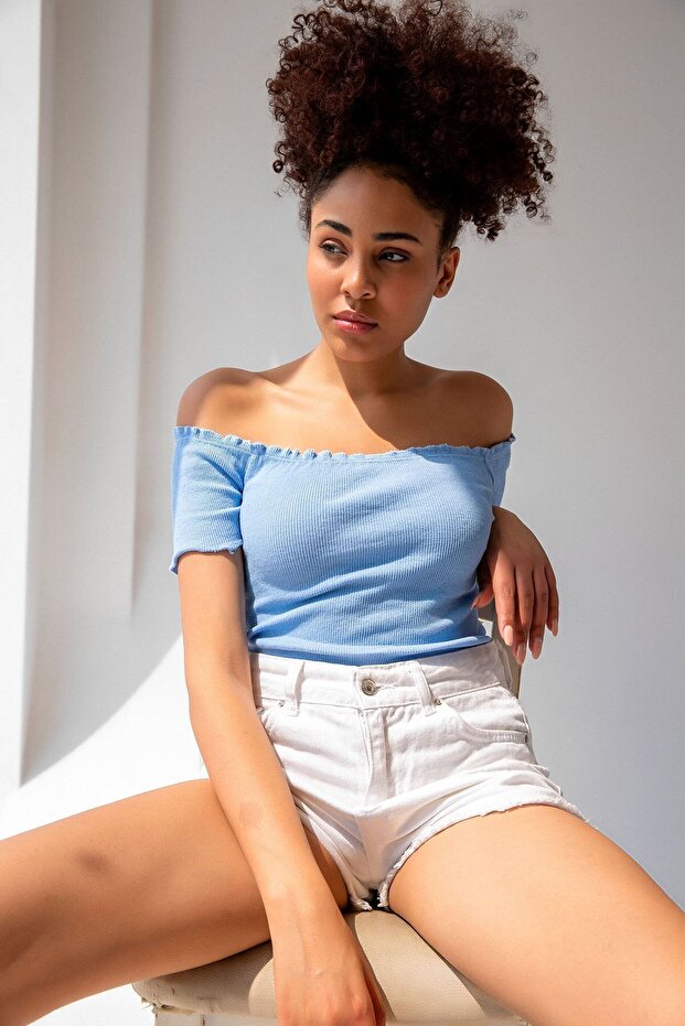 Baby Blue Knitted Carmen Collar Crop Blouse