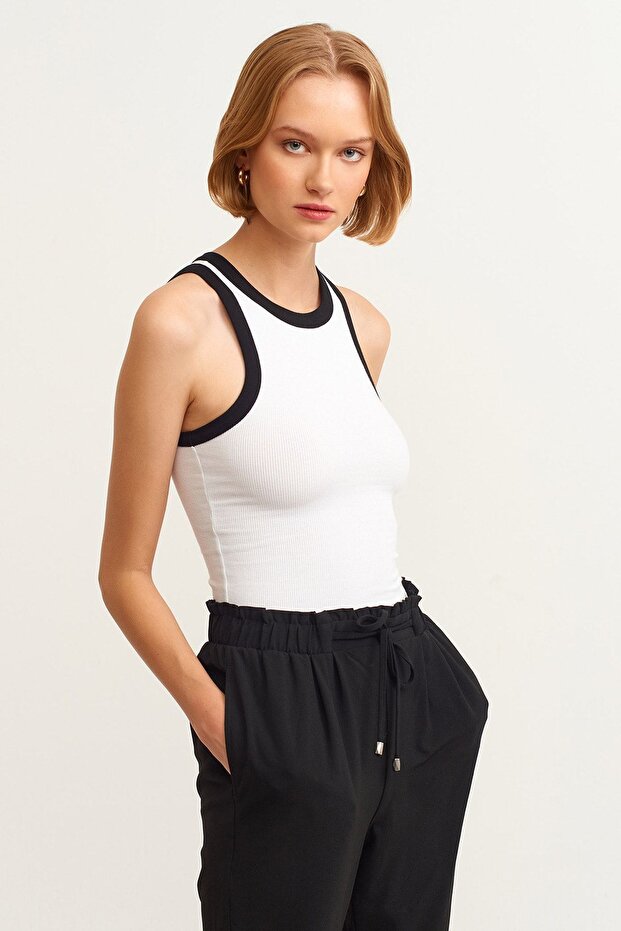 Women's White Striped Black Corded Knitted Tank Top
