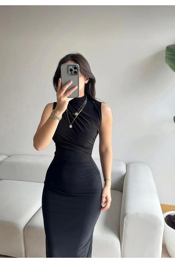 Sıfır Kol Drapeli Elbise - 3