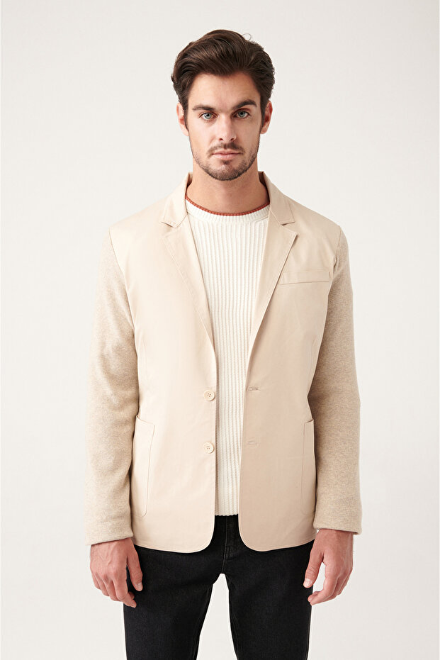 Men's Beige Mono Collar Unlined Knitwear Detailed Jacket A31Y4001