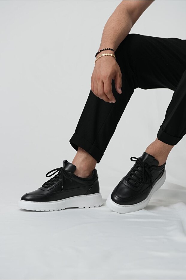 Drew Model Genuine Leather Handmade Men's Black Sneakers Shoes