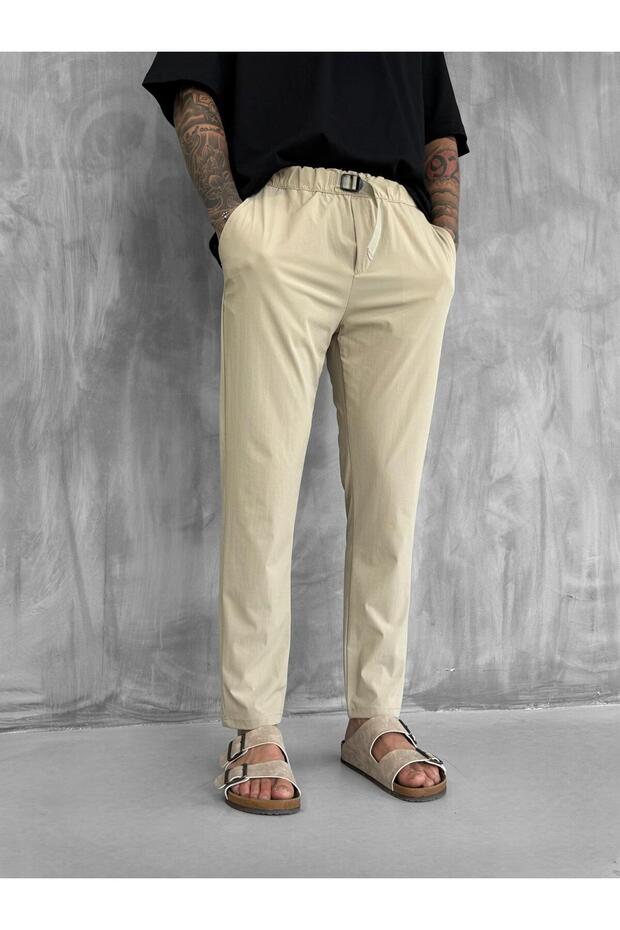 Men's Elastic Waist Tecno Fabric Slim Fit Trousers Beige