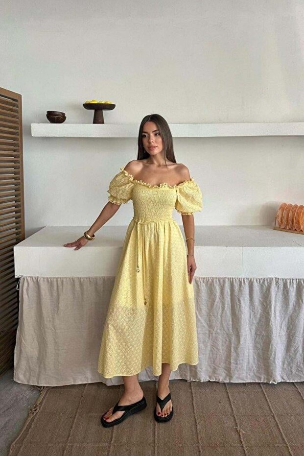 Sarı Gipeli Brode Elbise - 2