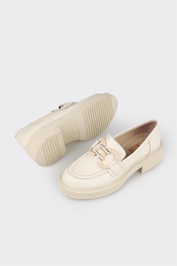 Bej Deri Kadın Loafer - 3