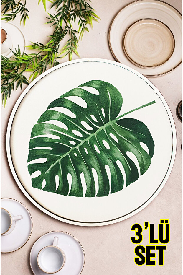 🪴 Tropikal Yaprak Desenli 3’lü Mdf Tepsi Seti - 24 Cm M18 - 2