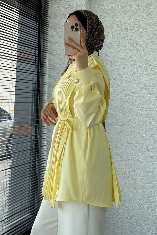 Pliseli Tasarım Poplin Tunik - Sarı - 3