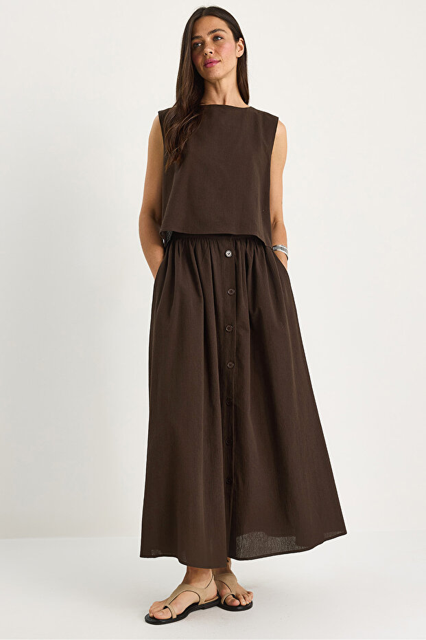 Women's Bitter Coffee Strap Short Blouse Button Detailed Flared Long Skirt Linen Top and Bottom Set 9322 60281055
