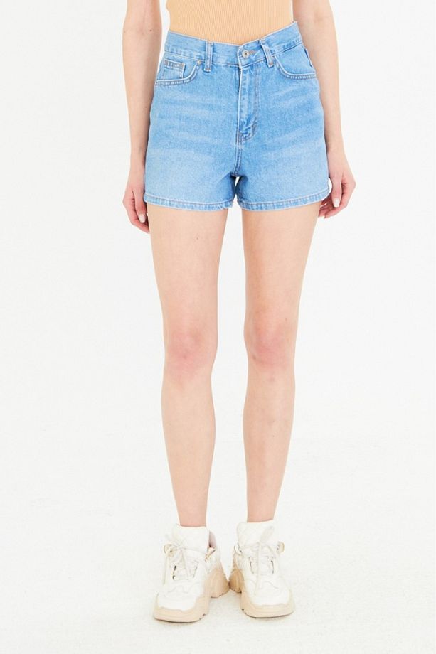 Kadın Mini Jean Şort, Yüksek Bel, Fermuarlı, 5 cep %100 pamuk Denim Kot @Potenza - 1