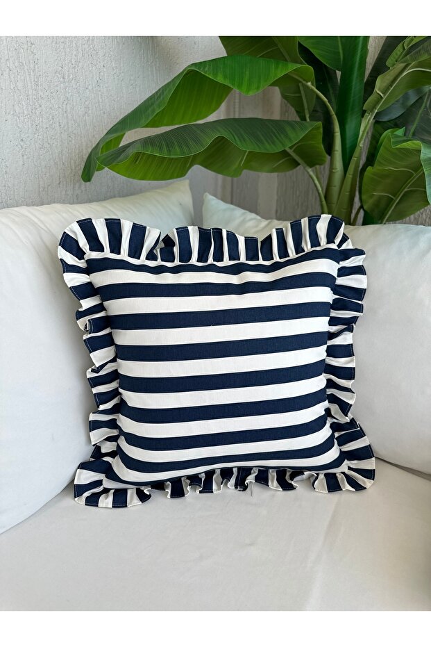 Roza Navy Blue Marine Striped Ruffled Throw Pillow Cover 1 Pc