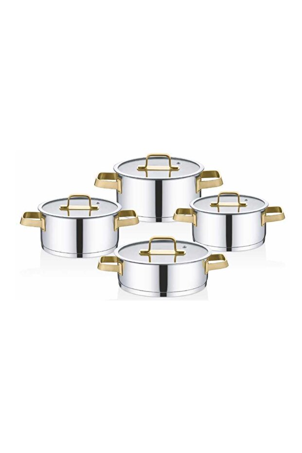 1137-g - 8 Pieces, Induction 1St Grade Stainless Steel Cookware Set, Silver Body, Gold Detail