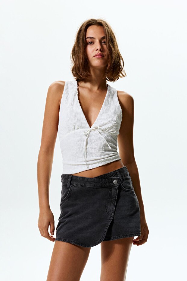 Çapraz denim mini etek - 2