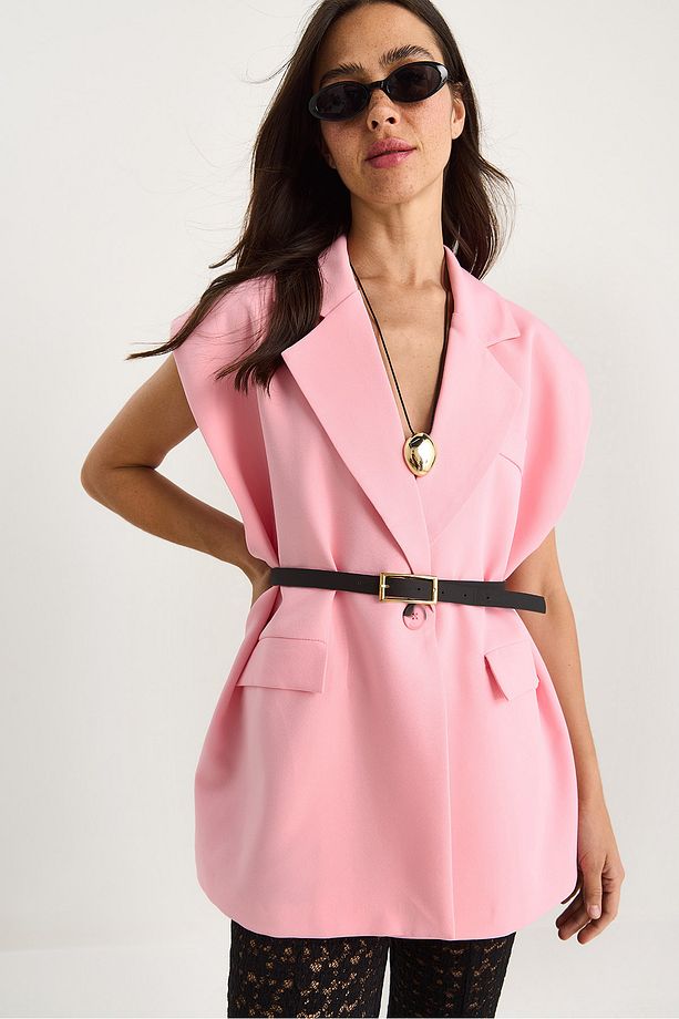 Kadın Cep Detaylı Kemerli Vatkalı Oversize Astarlı Blazer Yelek 11143 60281003 - 4