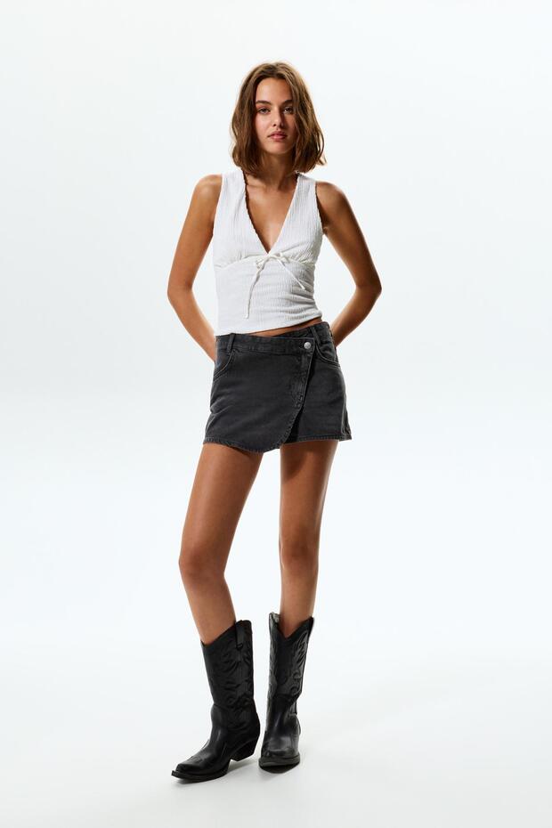 Çapraz denim mini etek - 3