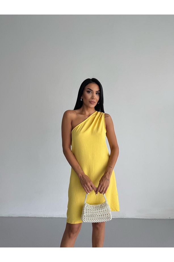 Pandacore Tek Omuz Yazlık Şık Mini Elbise – Sarı & Bej Renk Seçenekli - 1