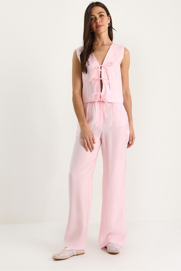 Women's Powder Pink Tie-Up Vest High Waist Loose Pants Modal Bottom-Top Set 9358 60281071