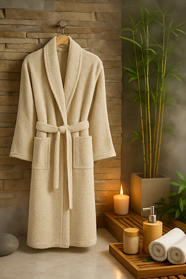 Unisex Large Size Shawl Model Bathrobe-Bathroom-Sauna-Wellness Spa-Bath-Baumwolle-3Xl 4Xl-Light Brown