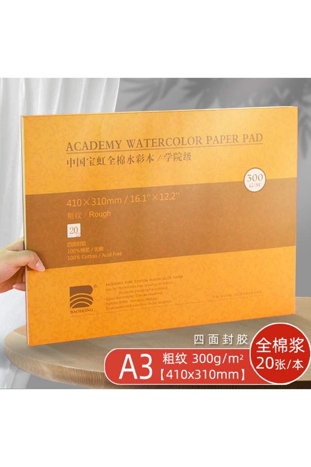 A3 410X310mm Rough Baohong Academy Watercolor Pad 20 Sheets Glue Bound Acid-Free 300G 140LB Paper We