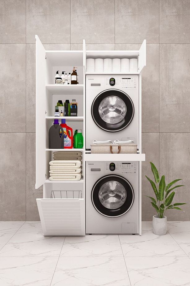 Mdf Çamaşır Makinesi Kurutma Makinesi Dolabı sepetli lake - 3