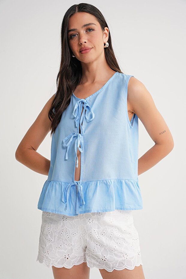 4717 Women's Front Lace Ruffle Sleeveless Linen Blouse Blue