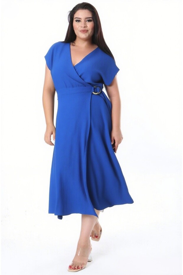 Women's Plus Size Indigo Wrinkle Fabric Wrap Dress with Buckle Waist 65N38314