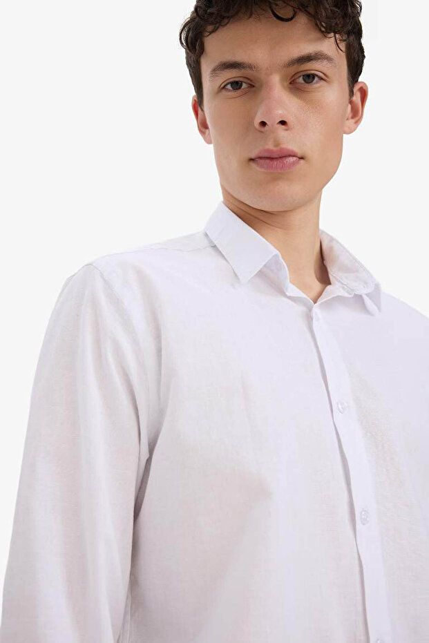 Regular Fit Polo Yaka Keten Yazlık Uzun Kollu Beyaz Gömlek E1729AX25SP - 5