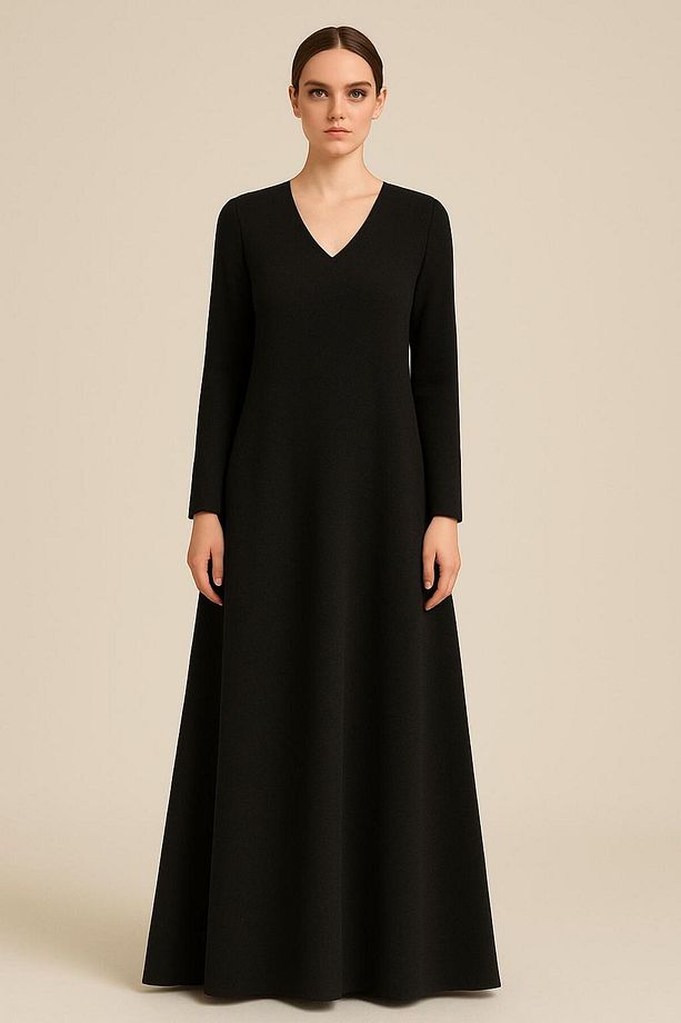 V-Yakalı & Astarlı Oversize Maxi Krep Şık Abaya Elbise - 1