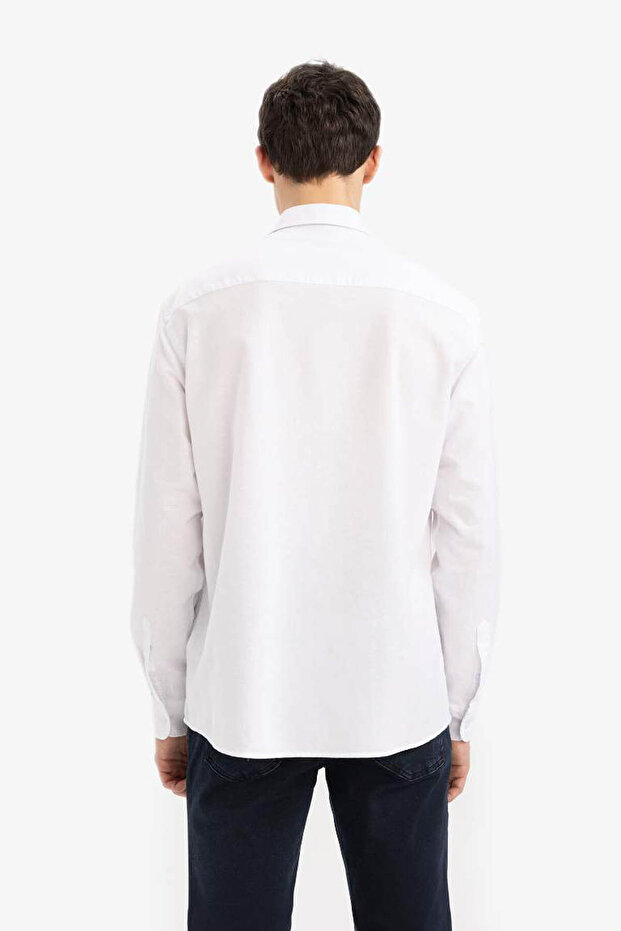 Regular Fit Polo Yaka Keten Yazlık Uzun Kollu Beyaz Gömlek E1729AX25SP - 6