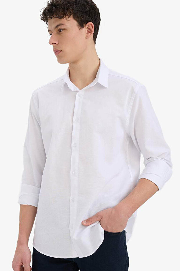 Regular Fit Polo Yaka Keten Yazlık Uzun Kollu Beyaz Gömlek E1729AX25SP - 1