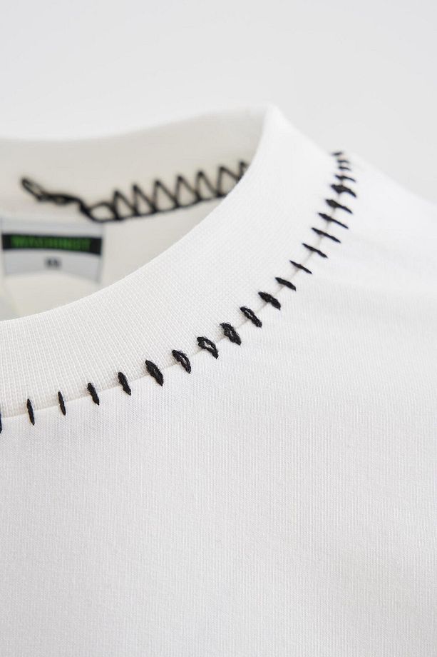 Erkek Blanket Stitch Oversize Ekru Tişört - 2