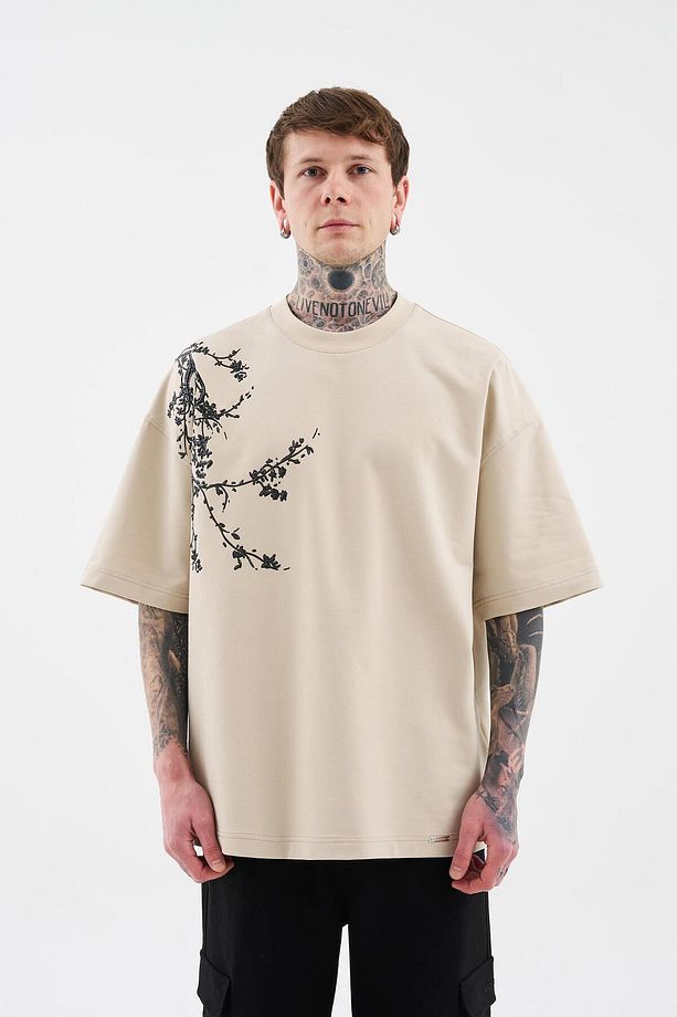 Erkek Floral 3D Printed Oversize Soft Bej Tişört - 5