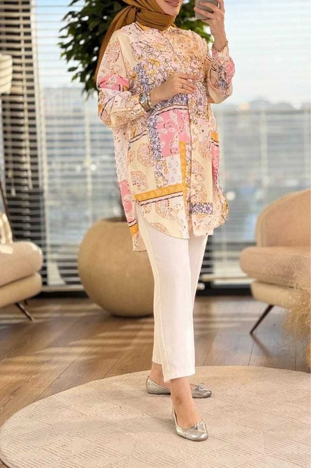 Tesettür Desenli Vual Gömlek Tunik Soft Pembe - 2