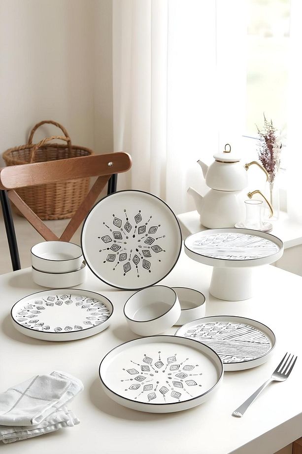 11 Parça Stackable 6 Kişilik Kahvaltı Takımı – Ayaklı Sunum Tabaklı Ethnical Desenli Set - 2