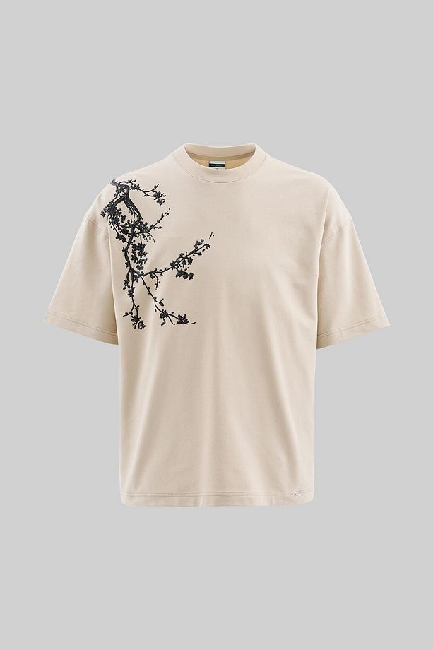 Erkek Floral 3D Printed Oversize Soft Bej Tişört - 1