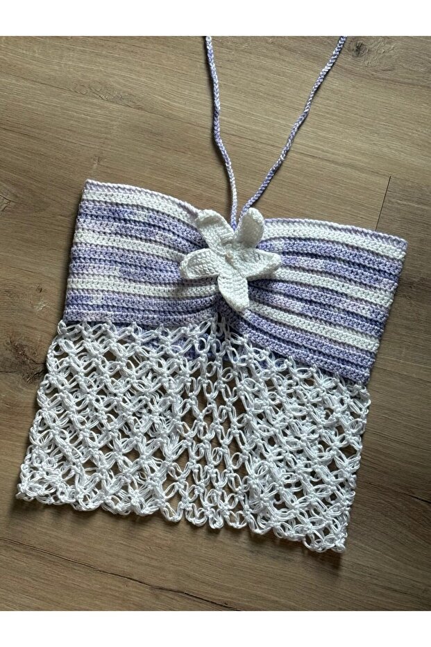 Handmade Halter Neck Knitted Crop with Flower Detail – Hibiscus Model Crochet Top