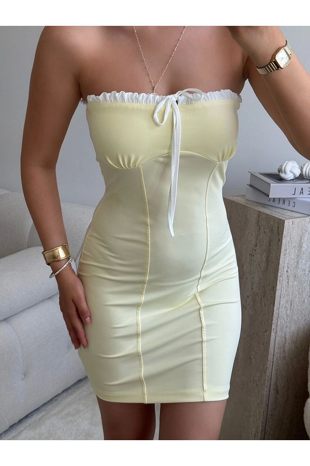 BSK Straplez Biyeli Elbise - SARI - 1