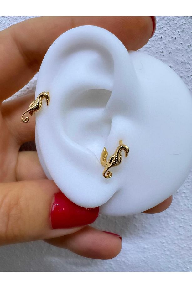 çelik deniz atı şeklinde tragus helix lobe uyumlu 1 adet piercing küpe - 1