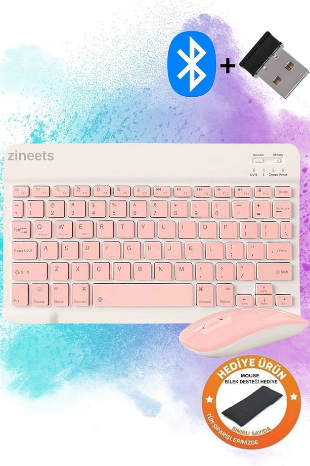 Kablosuz Şarjlı Bluetooth Pembe Klavye Mouse Seti Ultra Slim Tablet Telefon Windows Uyumlu - 1