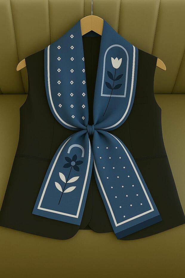 Special Patterned Scarves Dark Blue Floral Patterned - 1