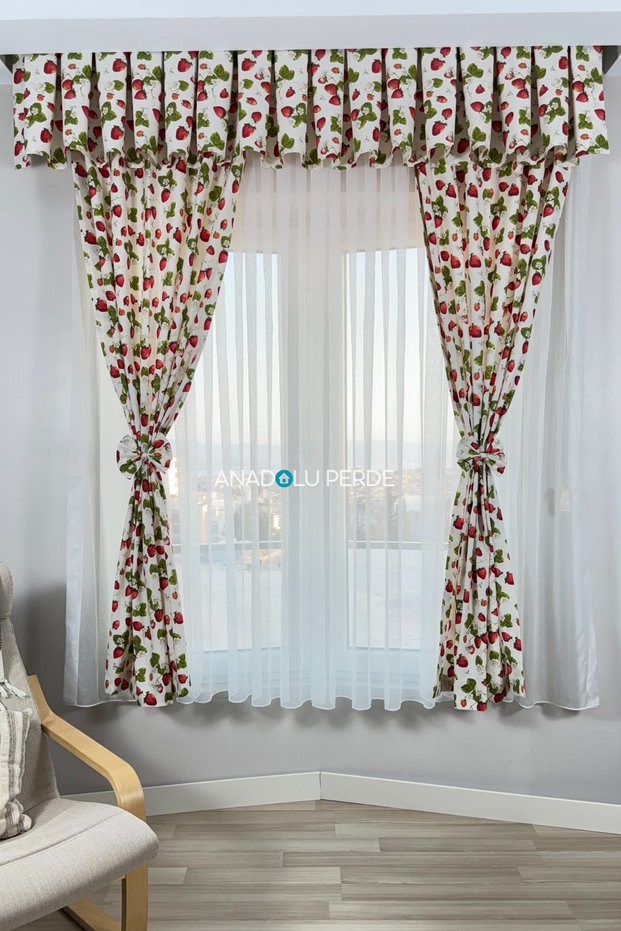 Fon Perde Colored Red Strawberry Patterned 1/3 Tight Pleat Cornice Compatible Modern Suitable for Any Room