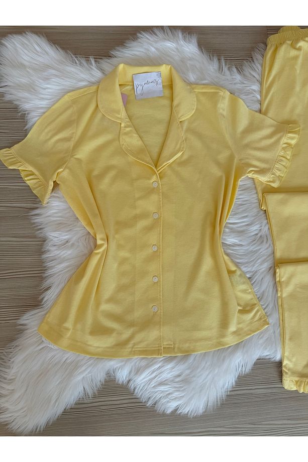 Sarı Pamuklu Kol ve Paça Fırfır Detaylı Kısa Kol Önden Düğmeli Pijama Takımı - 3