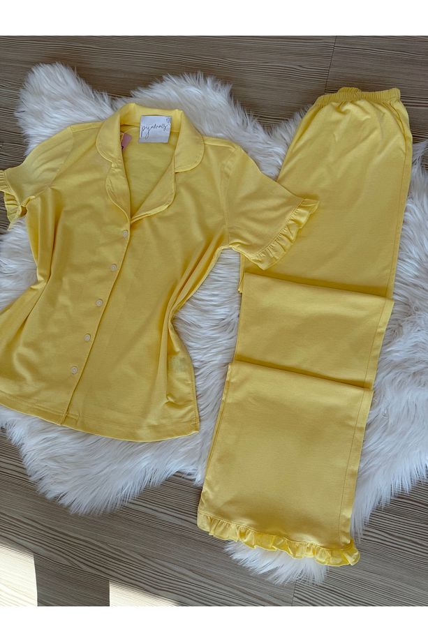 Sarı Pamuklu Kol ve Paça Fırfır Detaylı Kısa Kol Önden Düğmeli Pijama Takımı - 4
