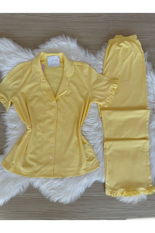 Sarı Pamuklu Kol ve Paça Fırfır Detaylı Kısa Kol Önden Düğmeli Pijama Takımı - 1