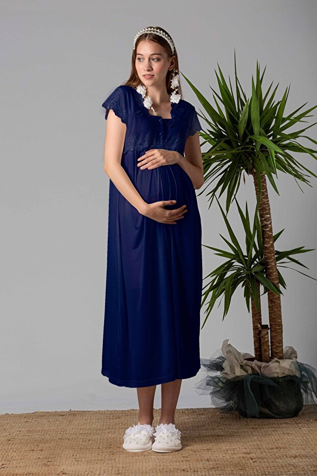 Effortt Navy Blue Lace Maternity Nightie