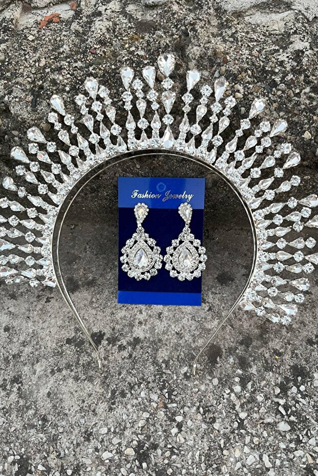 Michaelle Silver Bridal Henna Crown Special Occasion Accessory Women's Crown and Drop Shuttle Earrings Set