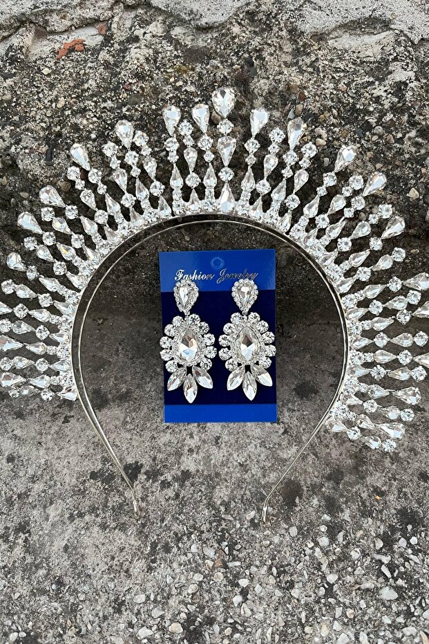 Michaelle Silver Bridal Henna Crown Special Occasion Accessory Women's Crown and Three Shuttle Earrings Set